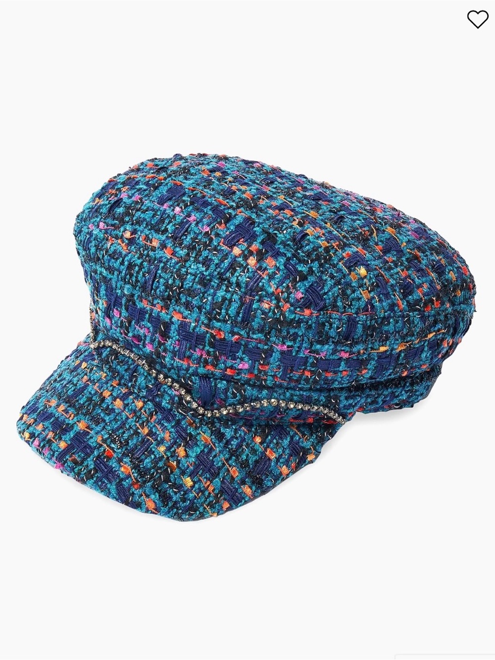 Lele Sadoughi Teal & Blue Tweed Baker Boy Cap with Multicolor Flecks